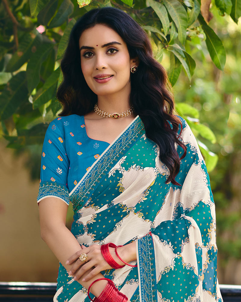 Vishal Prints Persian Green Printed Fancy Chiffon Traditional Print Saree With Foil Print And Embroidery Border