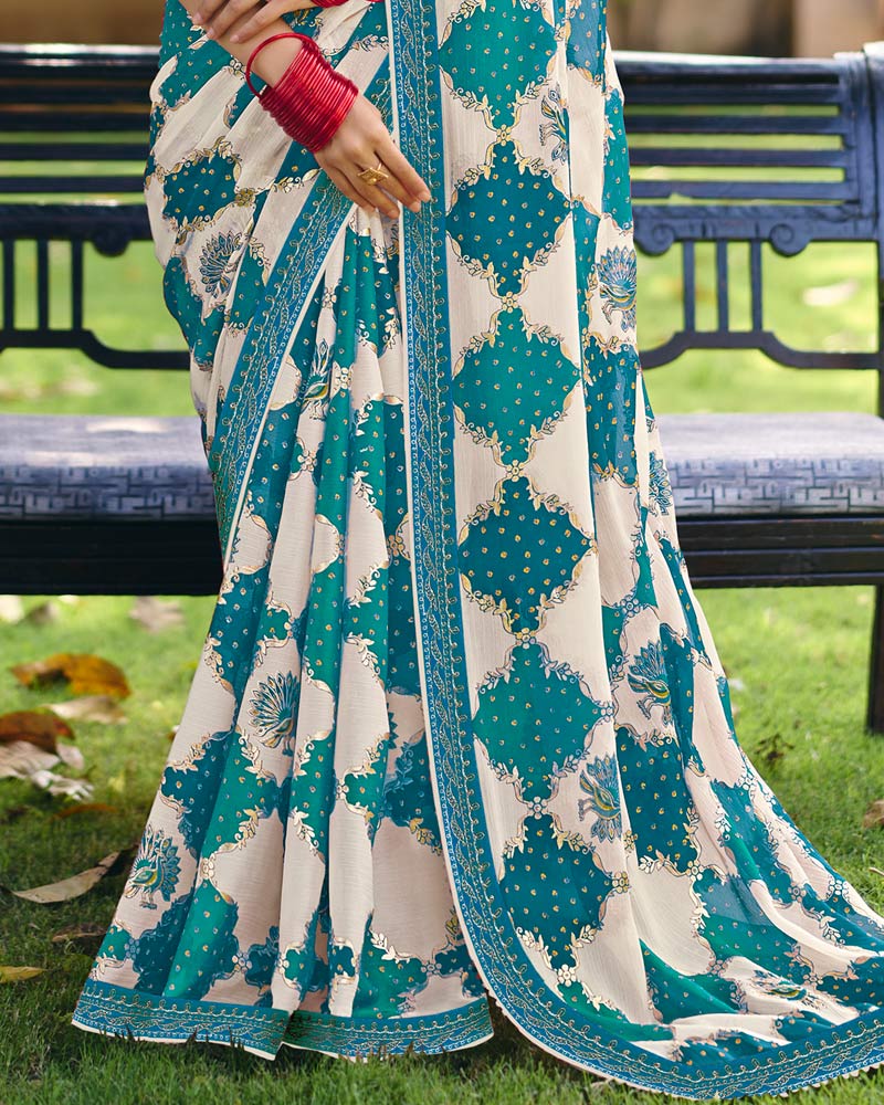 Vishal Prints Persian Green Printed Fancy Chiffon Traditional Print Saree With Foil Print And Embroidery Border