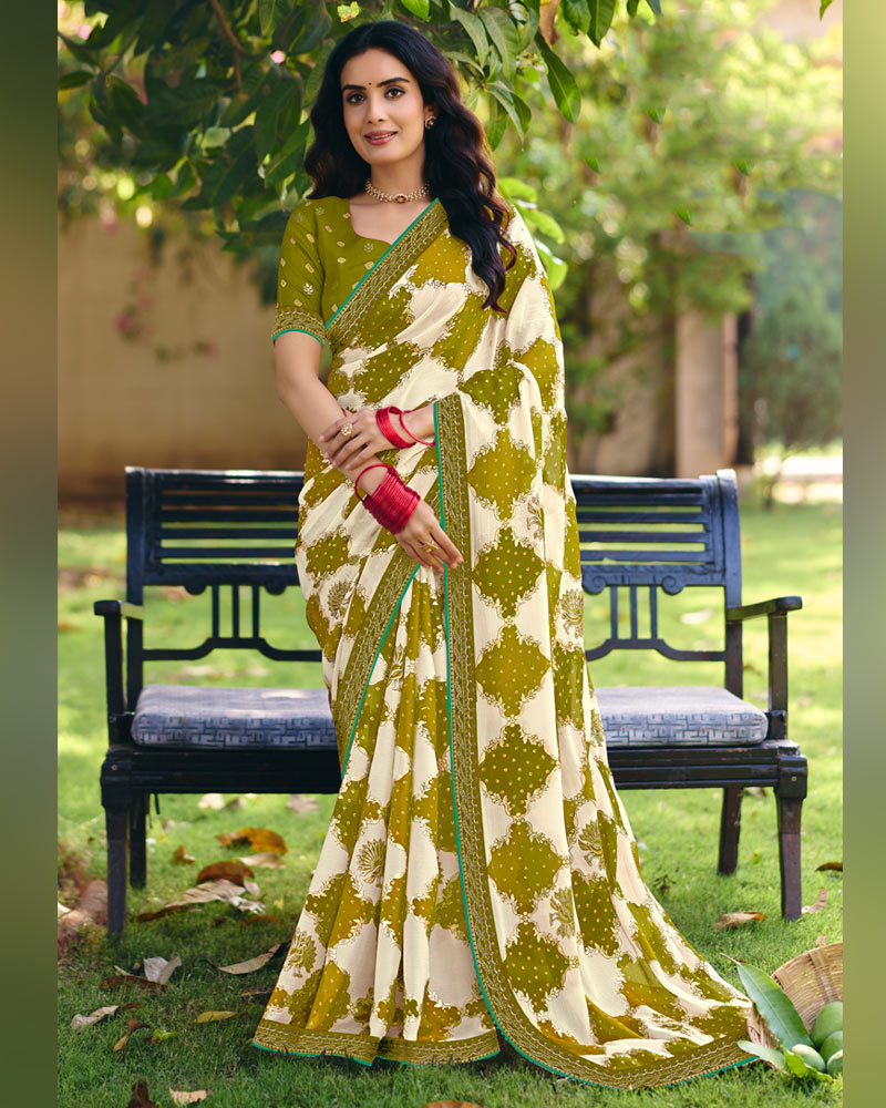 Vishal Prints Olive Yellow Printed Fancy Chiffon Traditional Print Saree With Foil Print And Embroidery Border