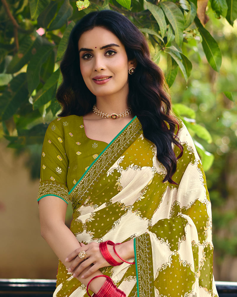 Vishal Prints Olive Yellow Printed Fancy Chiffon Traditional Print Saree With Foil Print And Embroidery Border