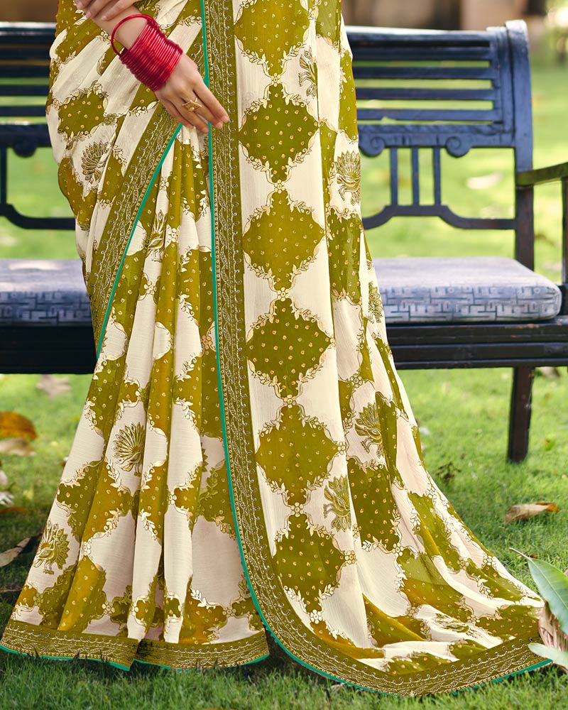 Vishal Prints Olive Yellow Printed Fancy Chiffon Traditional Print Saree With Foil Print And Embroidery Border
