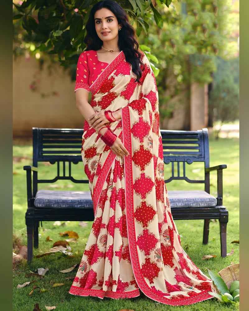 Vishal Prints Bright Red Pink Printed Fancy Chiffon Traditional Print Saree With Foil Print And Embroidery Border