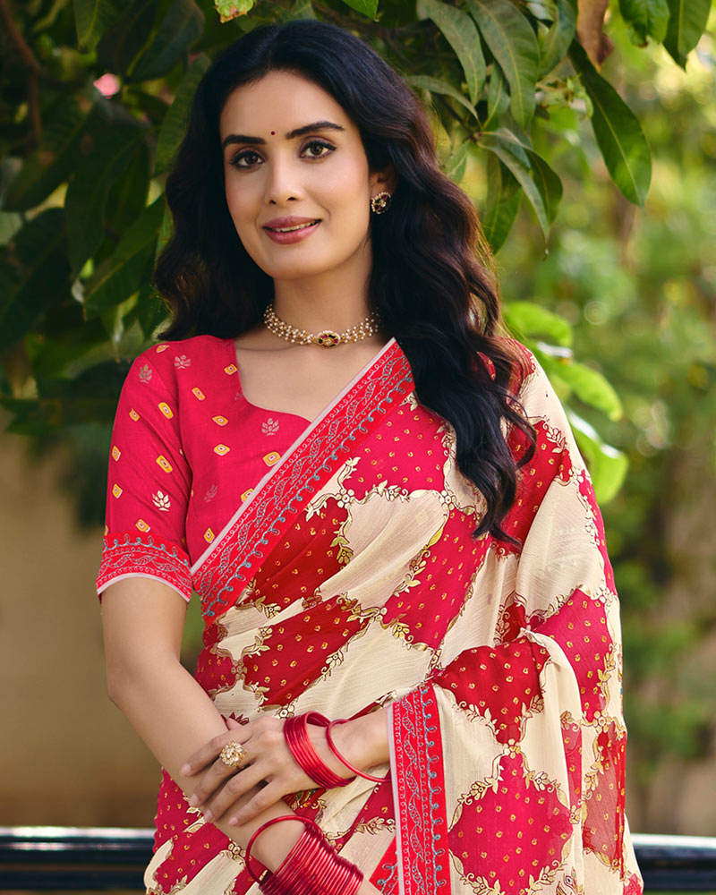 Vishal Prints Bright Red Pink Printed Fancy Chiffon Traditional Print Saree With Foil Print And Embroidery Border