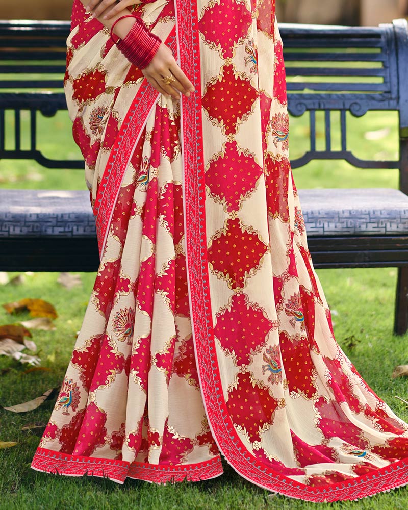 Vishal Prints Bright Red Pink Printed Fancy Chiffon Traditional Print Saree With Foil Print And Embroidery Border