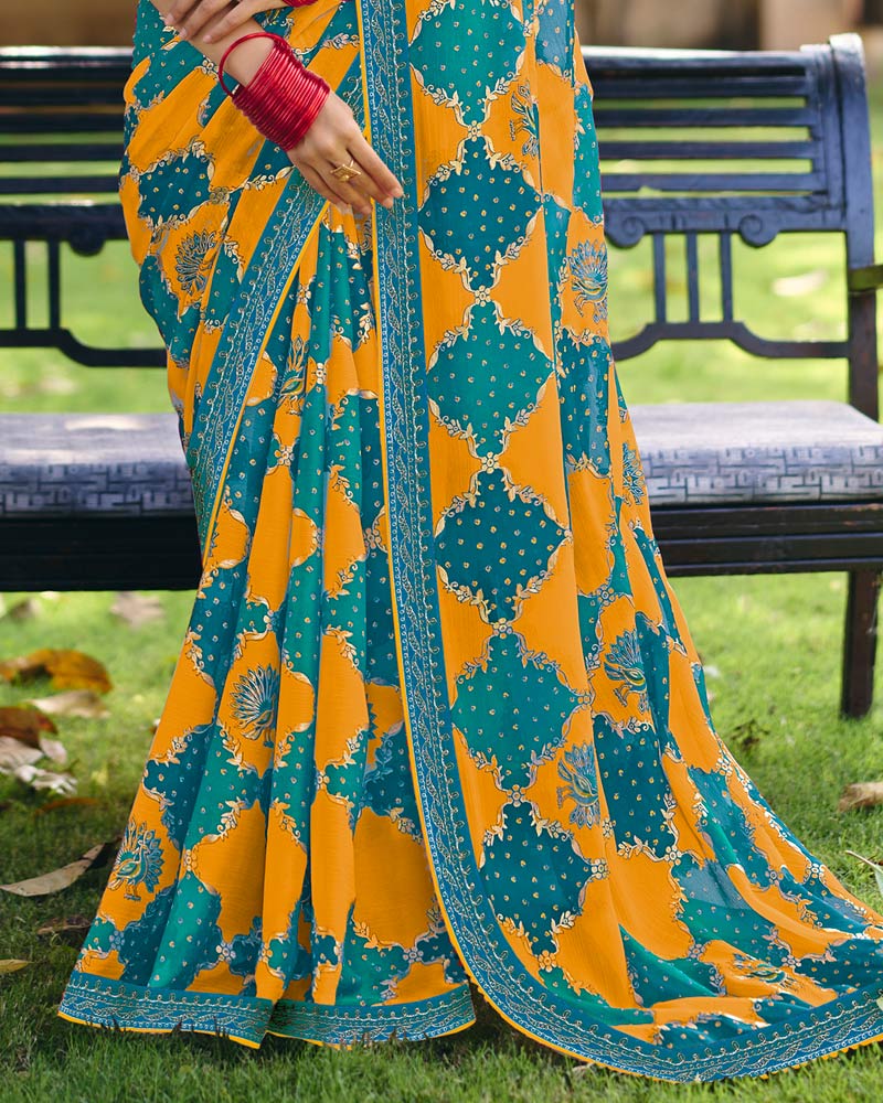 Vishal Prints Carrot Orange And Teal Green Printed Fancy Chiffon Traditional Print Saree With Foil Print And Embroidery Border