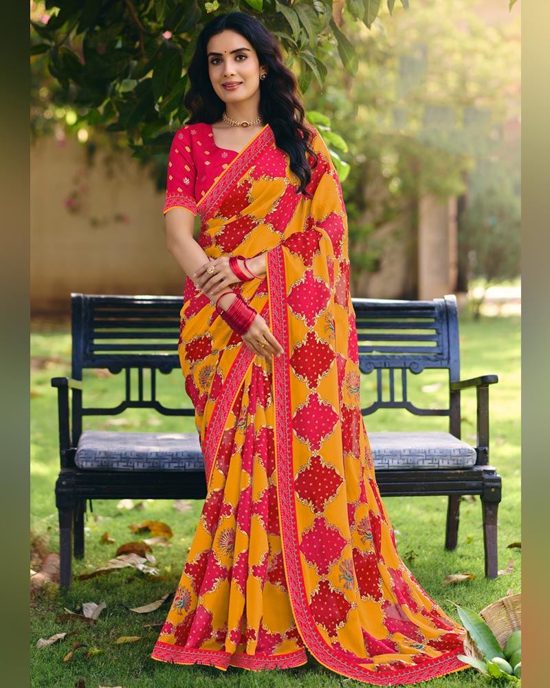 Vishal Prints Bright Pink And Yellow Ochre Printed Fancy Chiffon Traditional Print Saree With Foil Print And Embroidery Border