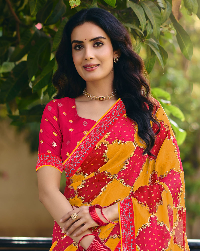 Vishal Prints Bright Pink And Yellow Ochre Printed Fancy Chiffon Traditional Print Saree With Foil Print And Embroidery Border