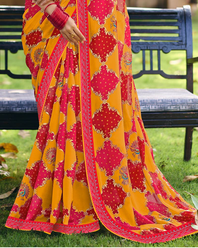 Vishal Prints Bright Pink And Yellow Ochre Printed Fancy Chiffon Traditional Print Saree With Foil Print And Embroidery Border