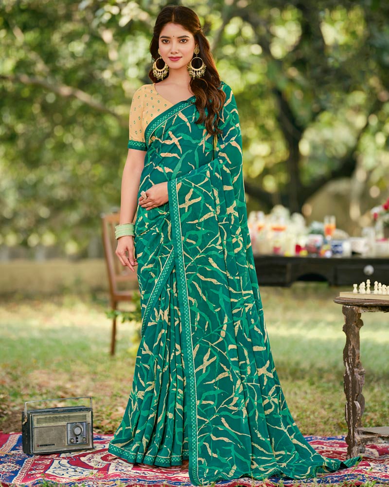Vishal Prints Dark Aqua Green Printed Georgette Saree With Fancy Border
