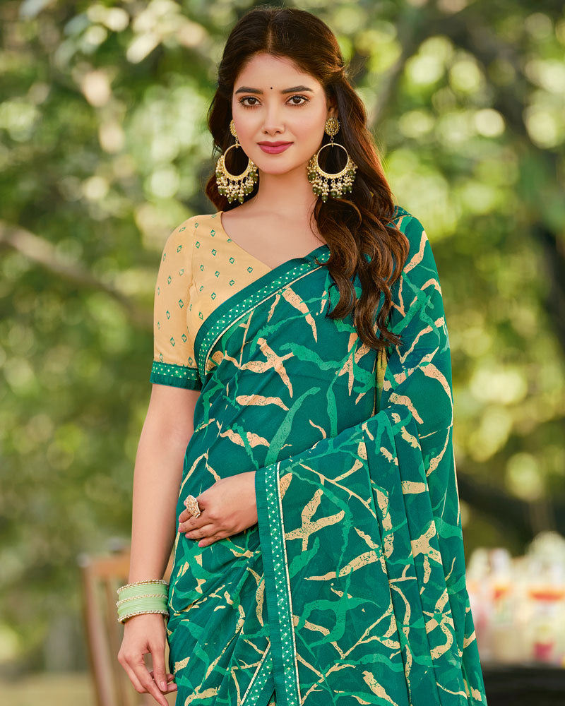 Vishal Prints Dark Aqua Green Printed Georgette Saree With Fancy Border