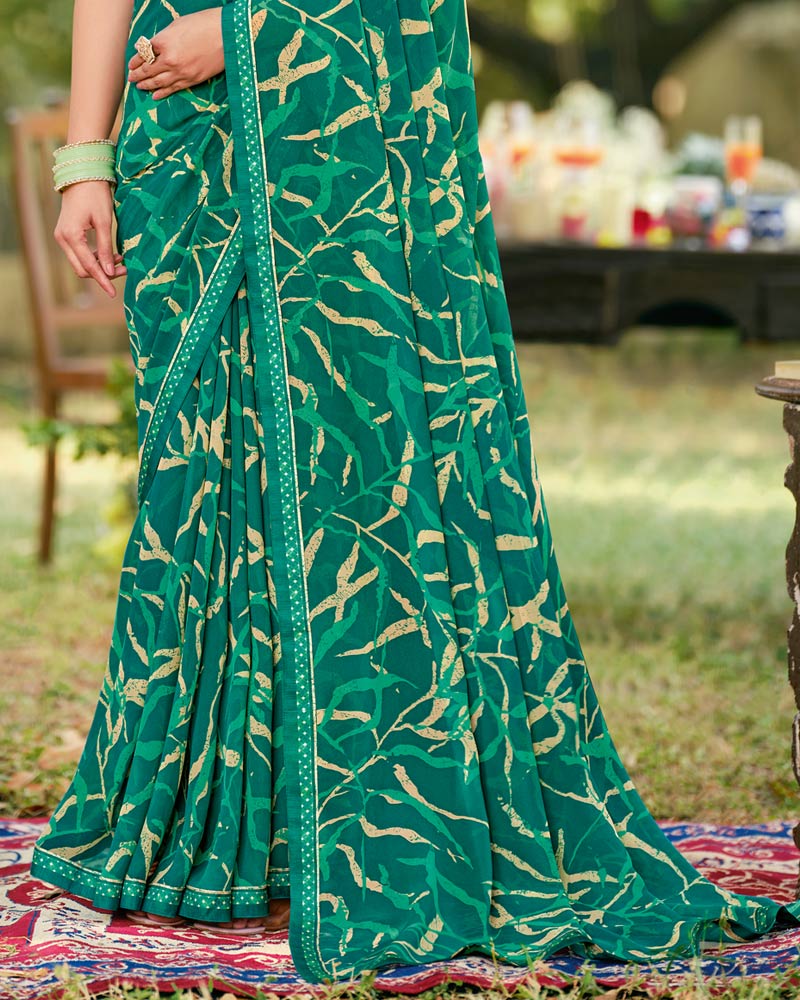 Vishal Prints Dark Aqua Green Printed Georgette Saree With Fancy Border