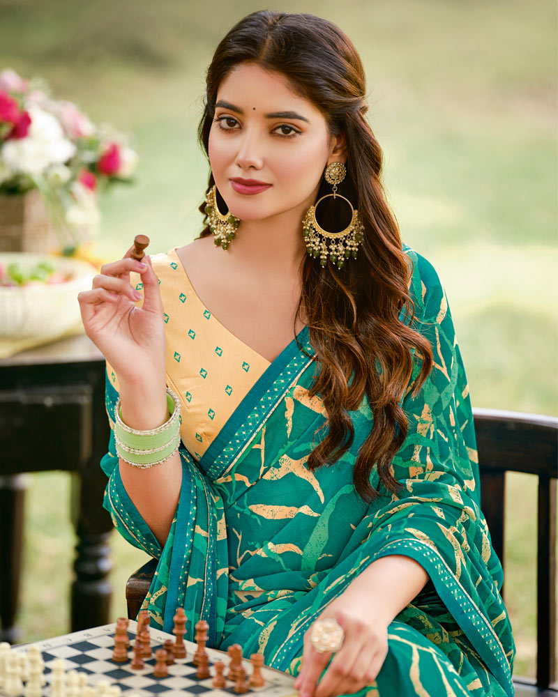 Vishal Prints Dark Aqua Green Printed Georgette Saree With Fancy Border