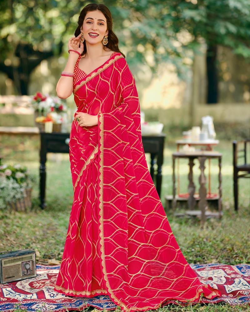 Vishal Prints Lipstick Red Printed Georgette Saree With Fancy Border