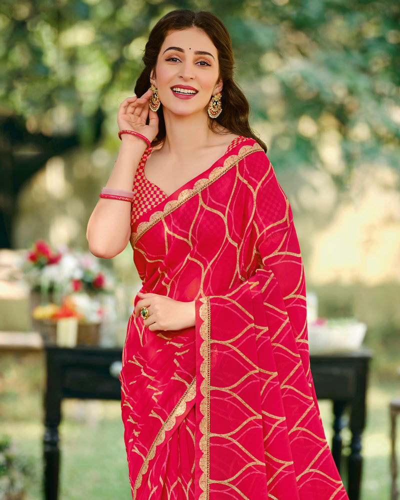Vishal Prints Lipstick Red Printed Georgette Saree With Fancy Border