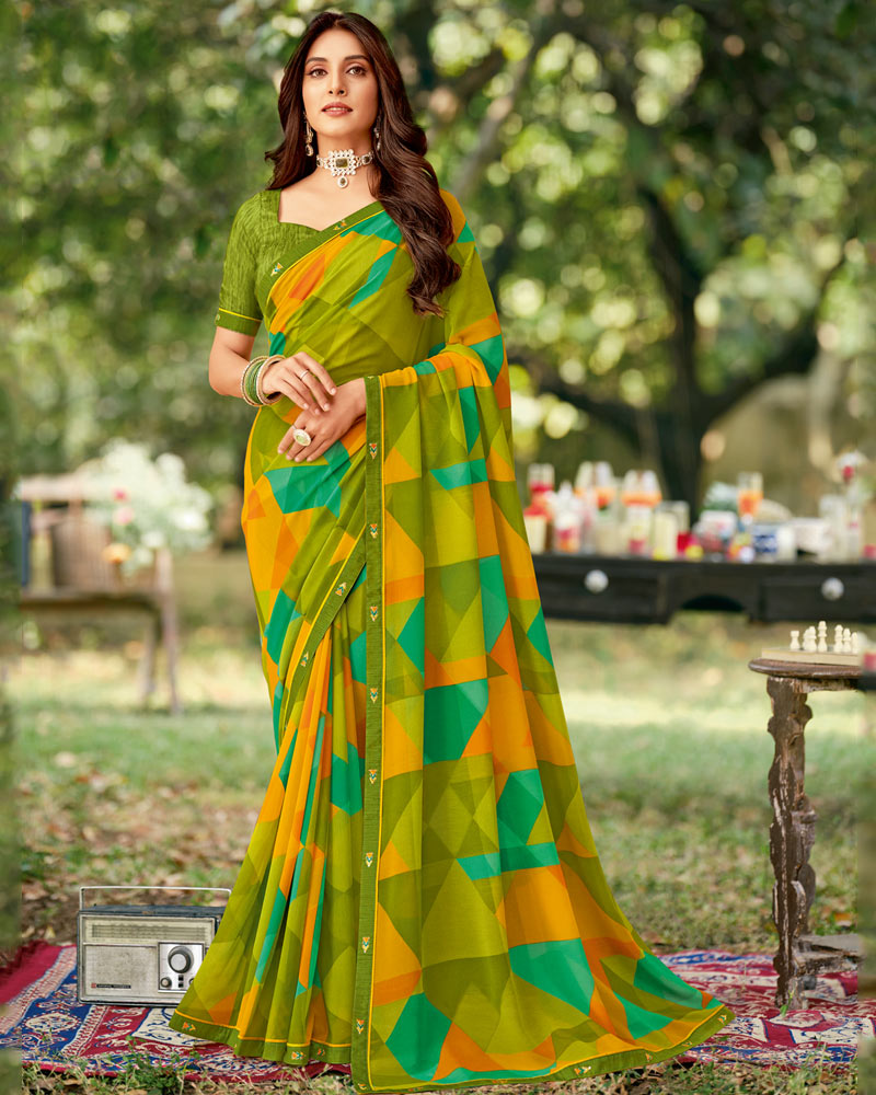 Vishal Prints Olive Green Printed Georgette Saree With Fancy Border