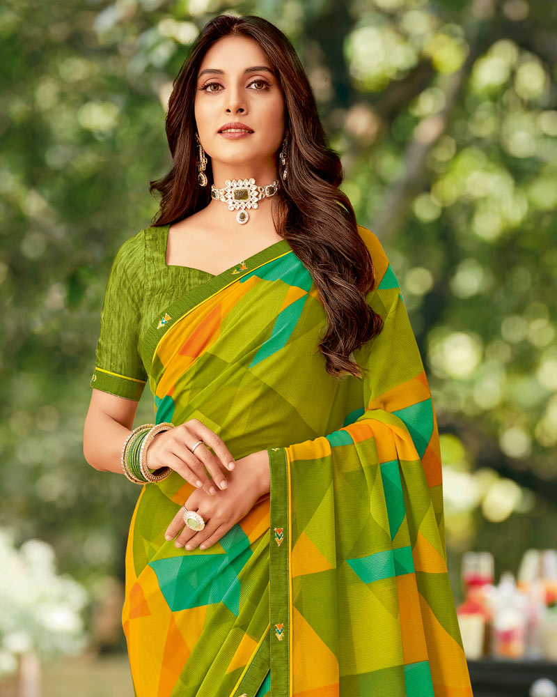 Vishal Prints Olive Green Printed Georgette Saree With Fancy Border