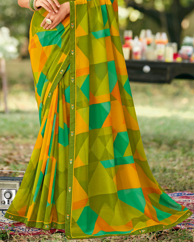 Vishal Prints Olive Green Printed Georgette Saree With Fancy Border