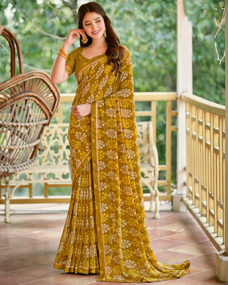 Vishal Prints Dark Sand Brown Printed Georgette Saree With Fancy Border