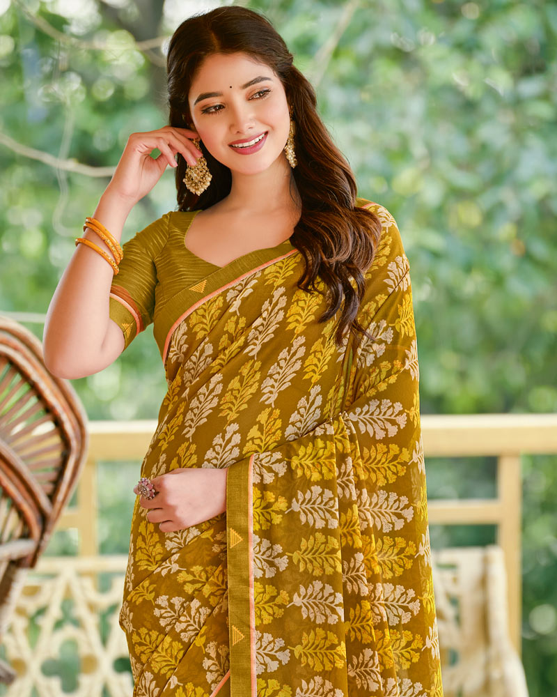 Vishal Prints Dark Sand Brown Printed Georgette Saree With Fancy Border