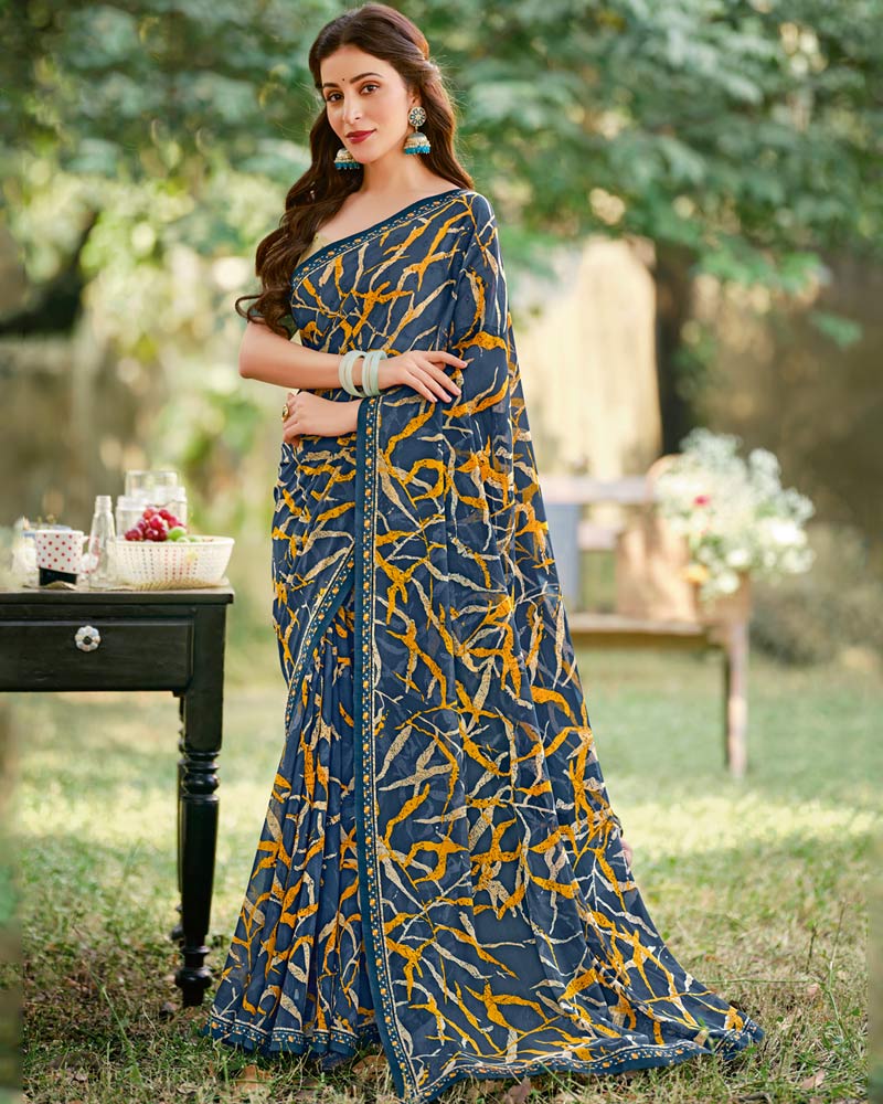 Vishal Prints Ink Blue Printed Georgette Saree With Fancy Border