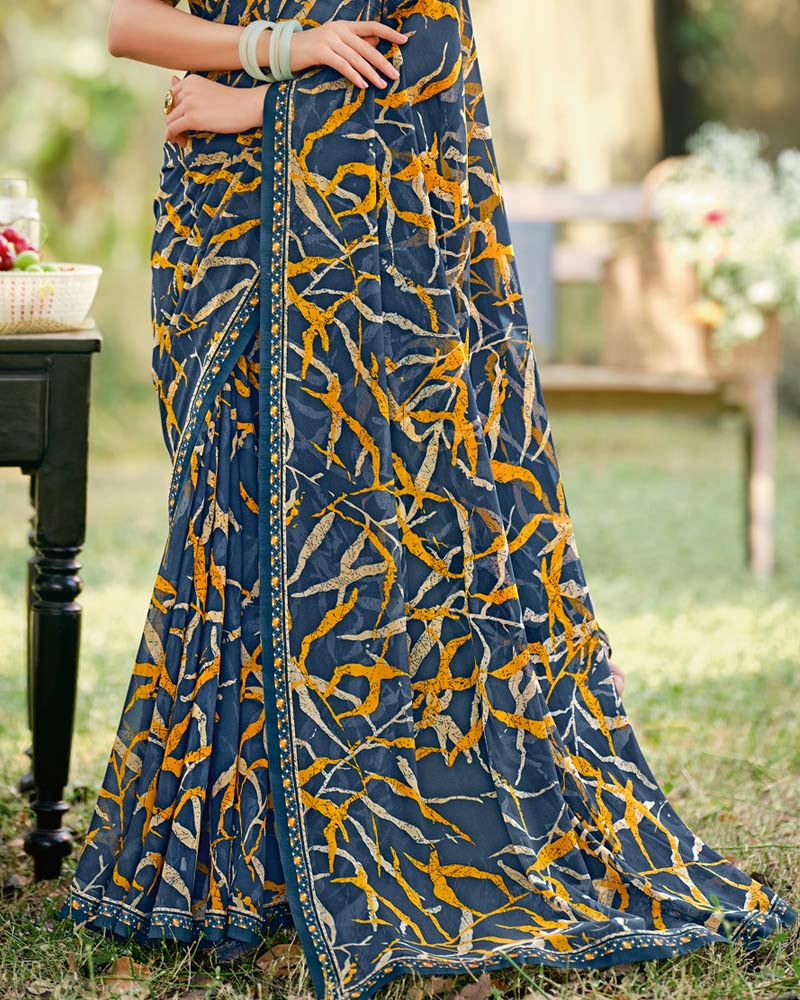 Vishal Prints Ink Blue Printed Georgette Saree With Fancy Border