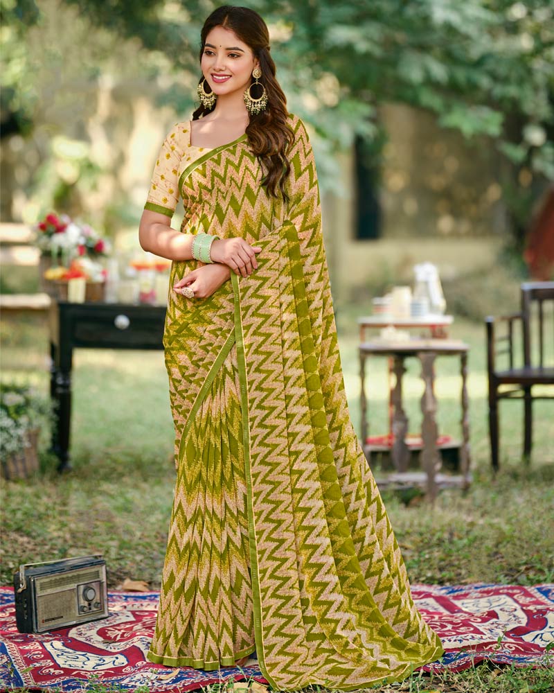 Vishal Prints Olive Green Printed Georgette Saree With Fancy Border