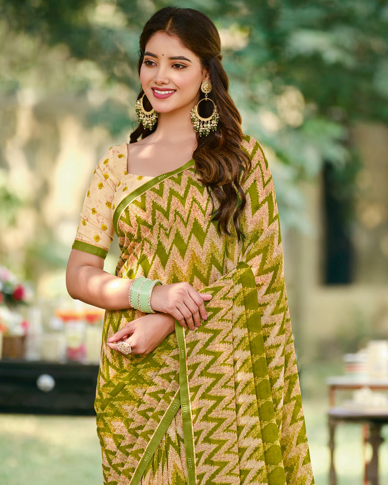 Vishal Prints Olive Green Printed Georgette Saree With Fancy Border