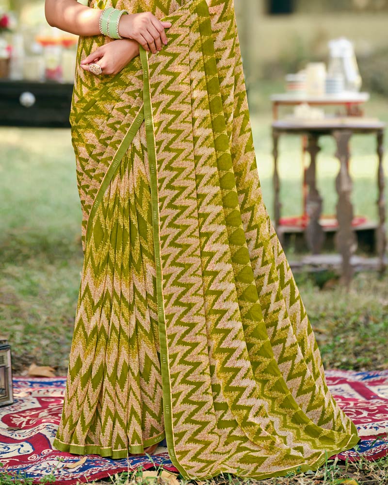 Vishal Prints Olive Green Printed Georgette Saree With Fancy Border