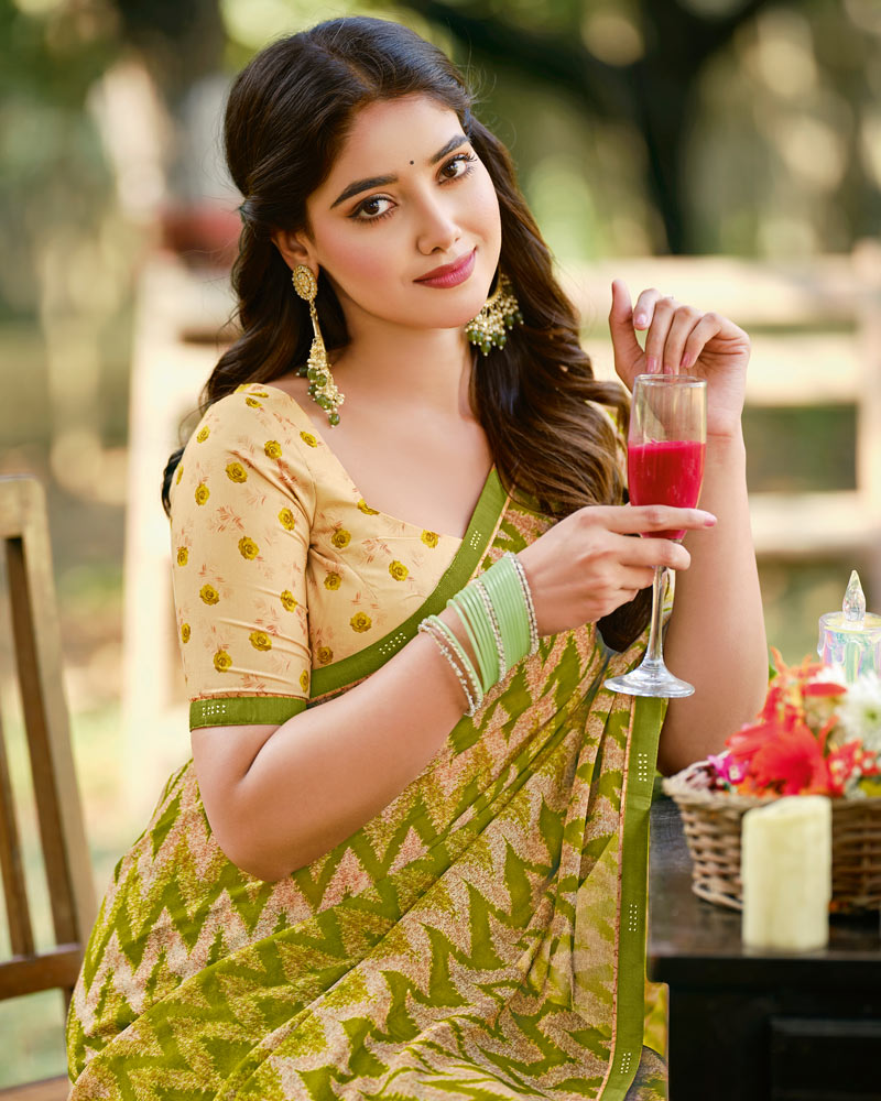 Vishal Prints Olive Green Printed Georgette Saree With Fancy Border
