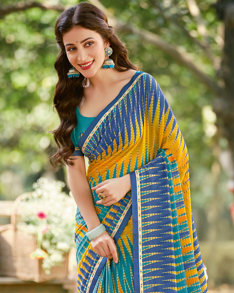 Vishal Prints Denim Blue Printed Georgette Saree With Fancy Border