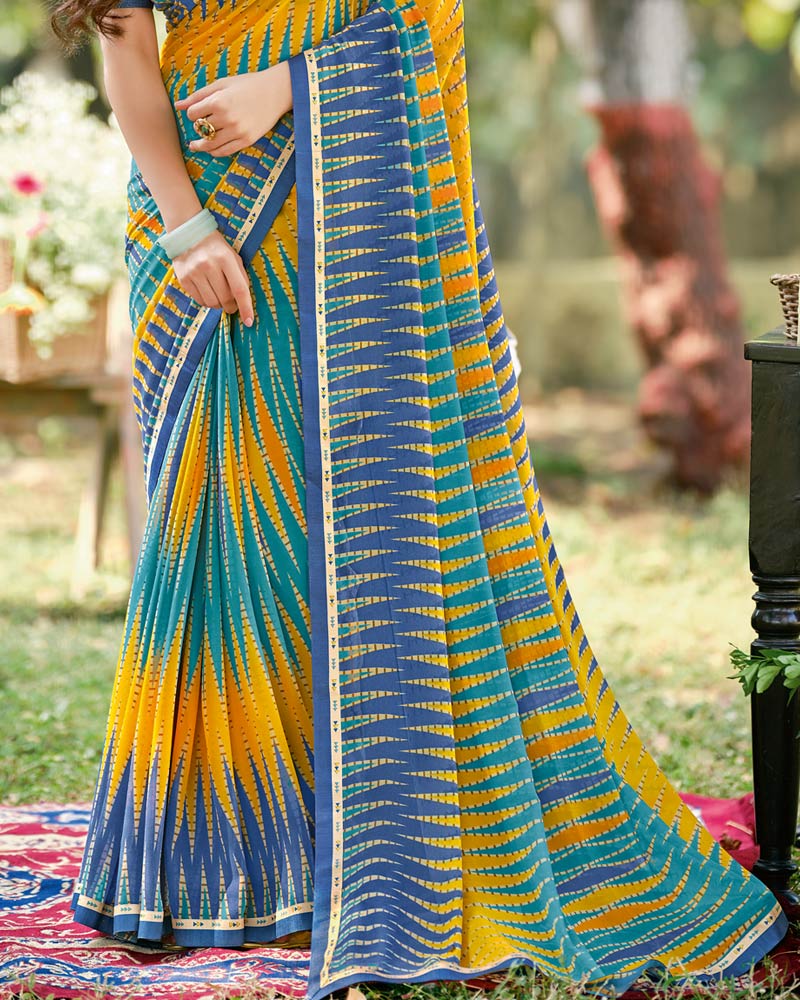 Vishal Prints Denim Blue Printed Georgette Saree With Fancy Border