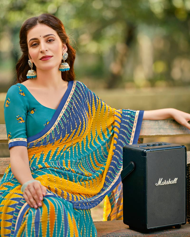 Vishal Prints Denim Blue Printed Georgette Saree With Fancy Border