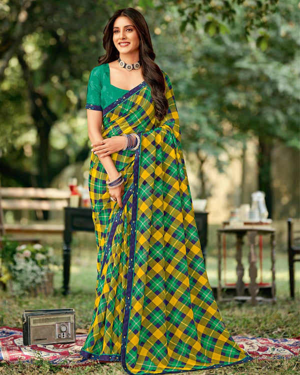 Vishal Prints Dark Spring Green Printed Georgette Saree With Fancy Border