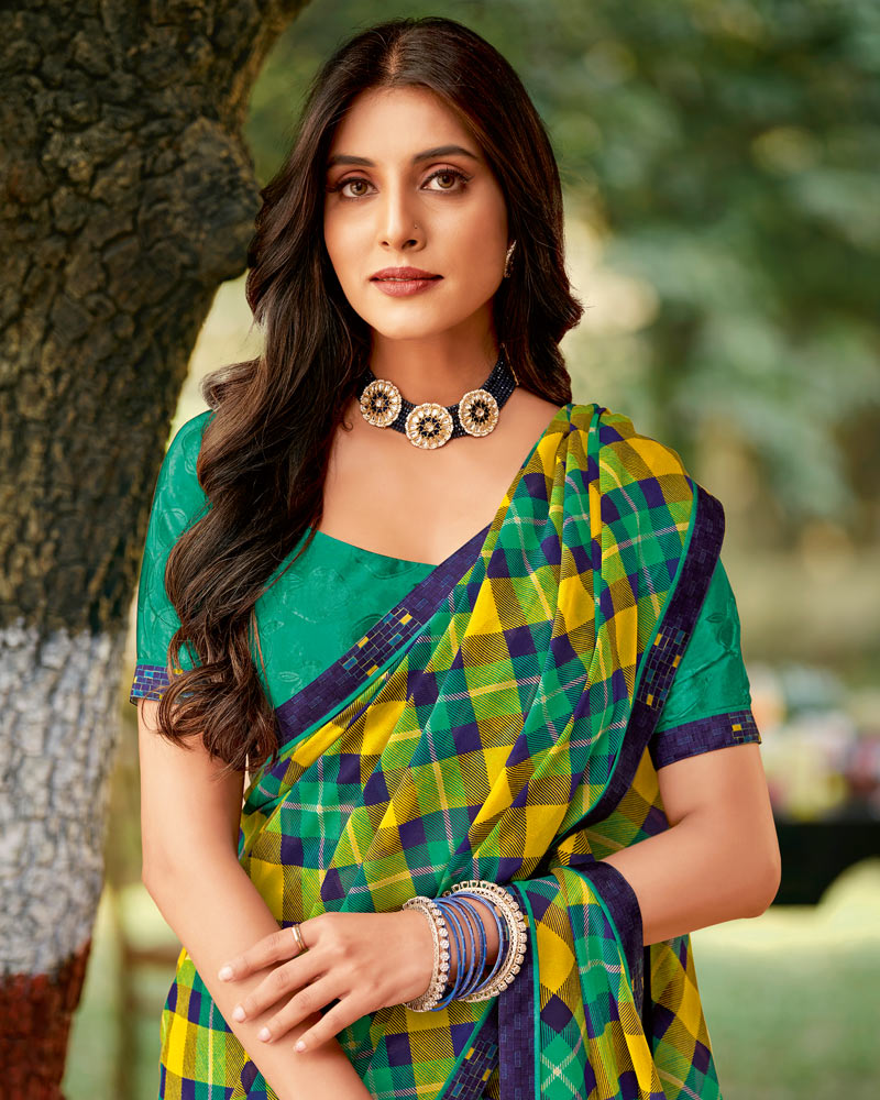 Vishal Prints Dark Spring Green Printed Georgette Saree With Fancy Border