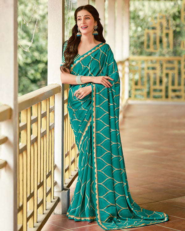 Vishal Prints Dark Aqua Green Printed Georgette Saree With Fancy Border