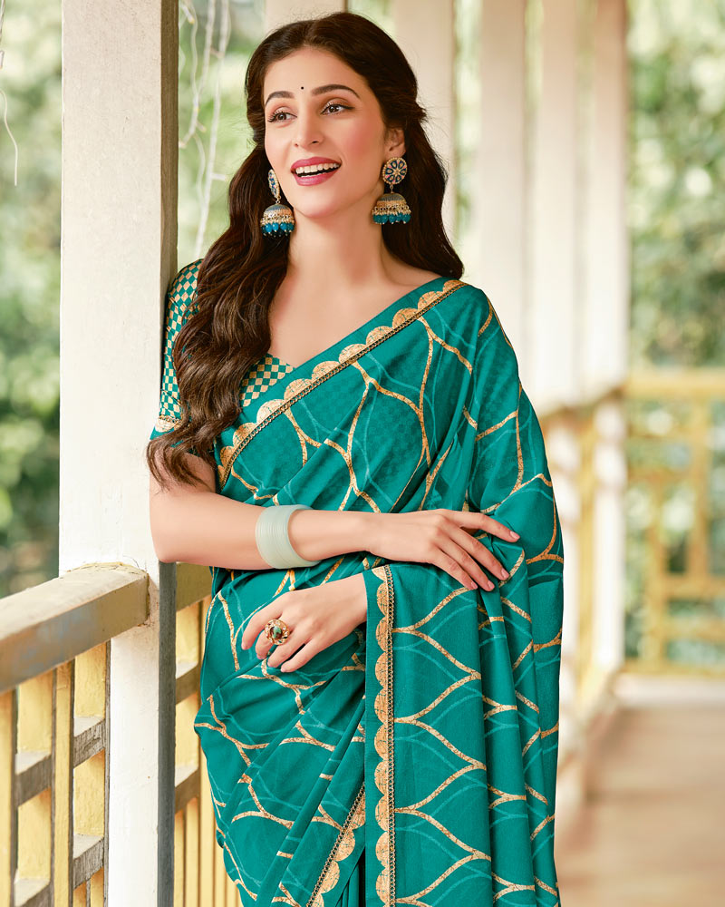 Vishal Prints Dark Aqua Green Printed Georgette Saree With Fancy Border