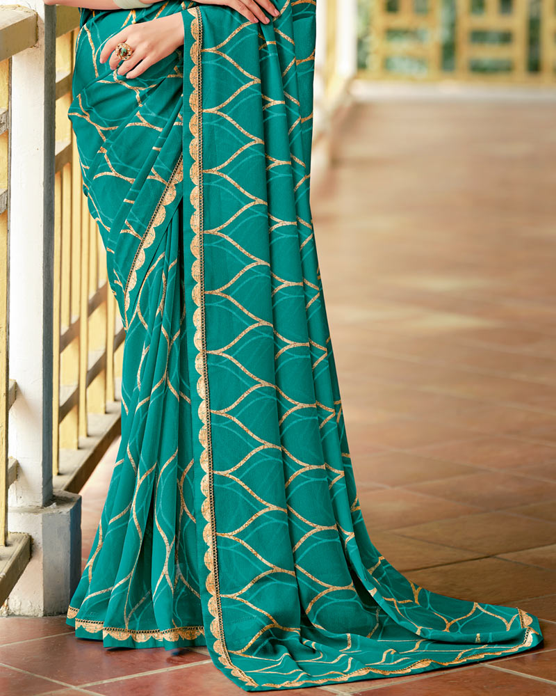 Vishal Prints Dark Aqua Green Printed Georgette Saree With Fancy Border