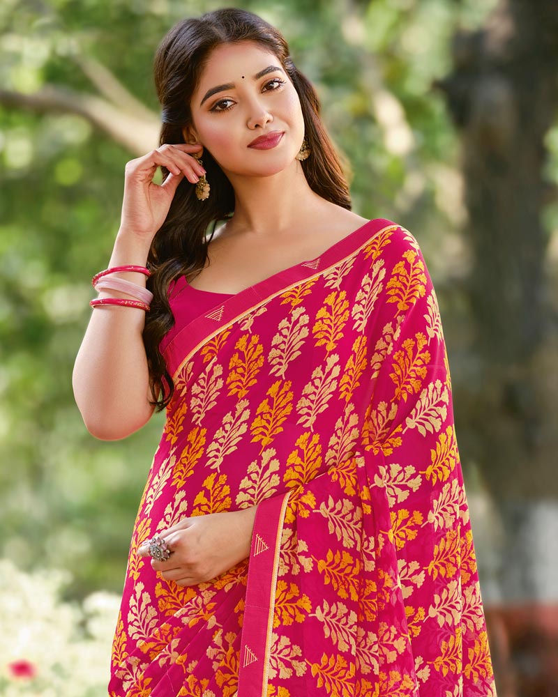 Vishal Prints Dark Hot Pink Printed Georgette Saree With Fancy Border