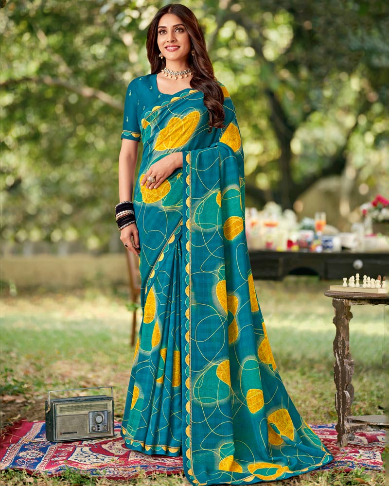 Vishal Prints Deep Sea Blue Printed Georgette Saree With Fancy Border