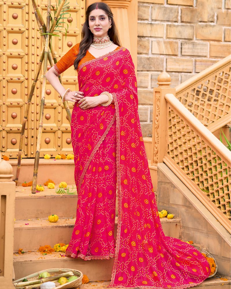 Vishal Prints Dark Raspberry Pink Printed Chiffon Bandhani Print Saree With Foil Print And Fancy Border