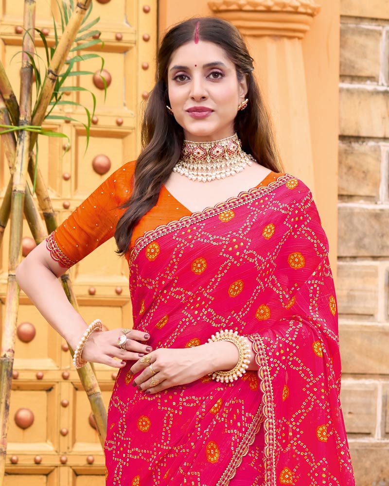 Vishal Prints Dark Raspberry Pink Printed Chiffon Bandhani Print Saree With Foil Print And Fancy Border