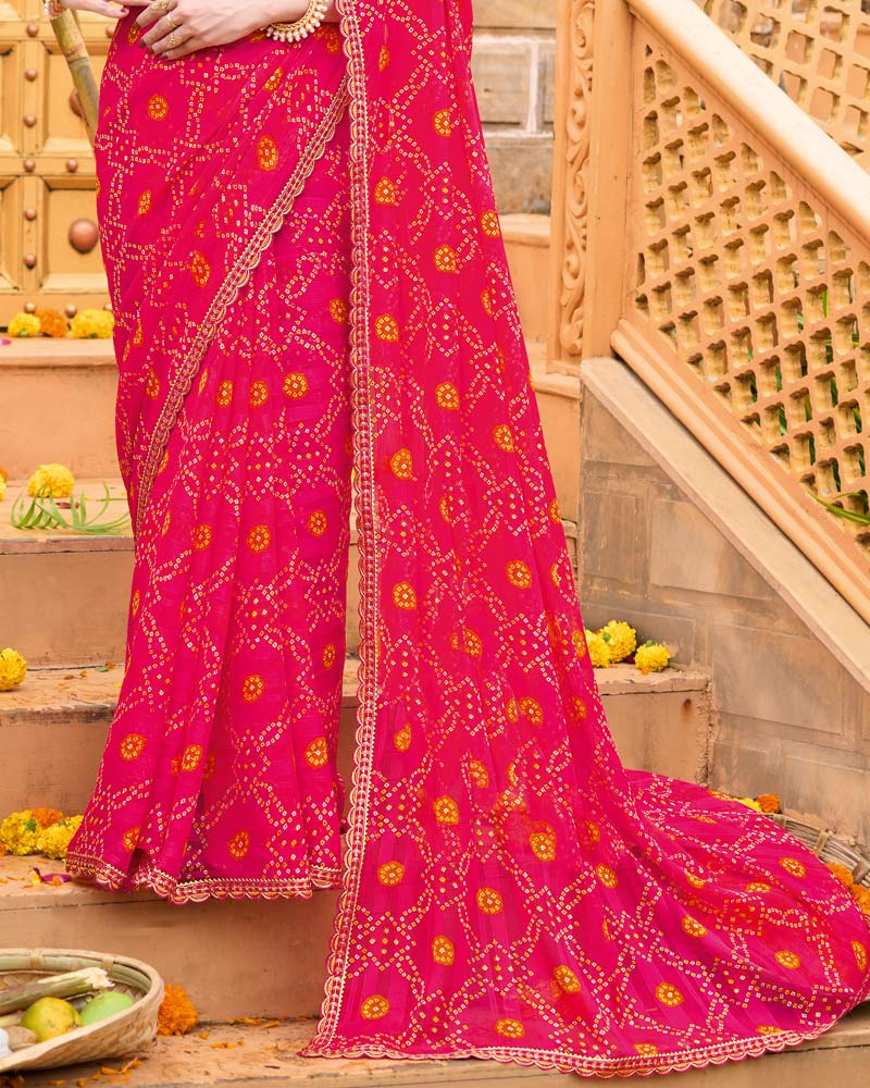Vishal Prints Dark Raspberry Pink Printed Chiffon Bandhani Print Saree With Foil Print And Fancy Border