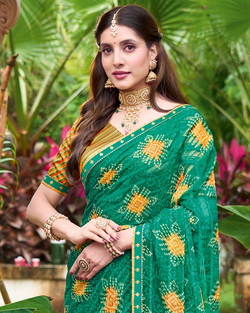 Vishal Prints Tropical Green Printed Chiffon Bandhani Print Saree With Foil Print And Fancy Border