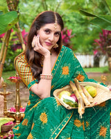 Vishal Prints Tropical Green Printed Chiffon Bandhani Print Saree With Foil Print And Fancy Border