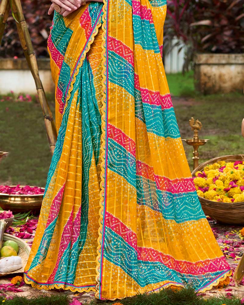 Vishal Prints Multi-Color Printed Chiffon Bandhani Print Saree With Foil Print And Fancy Border