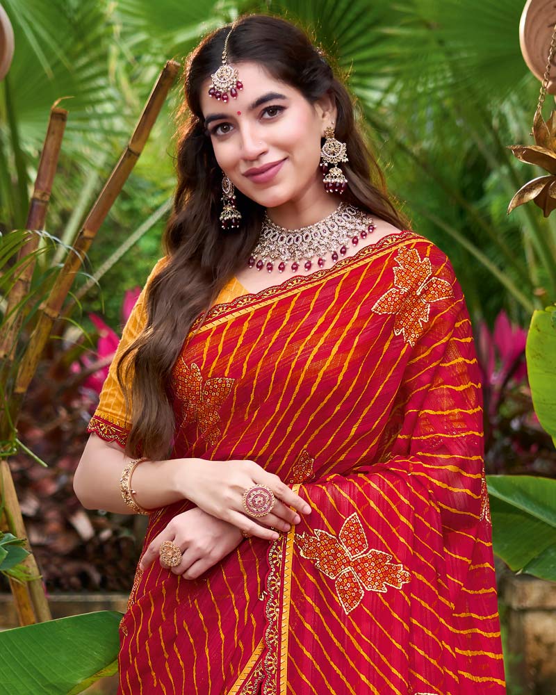 Vishal Prints Lava Red Printed Chiffon Bandhani Print Saree With Foil Print And Fancy Border