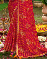 Vishal Prints Lava Red Printed Chiffon Bandhani Print Saree With Foil Print And Fancy Border