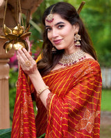Vishal Prints Lava Red Printed Chiffon Bandhani Print Saree With Foil Print And Fancy Border