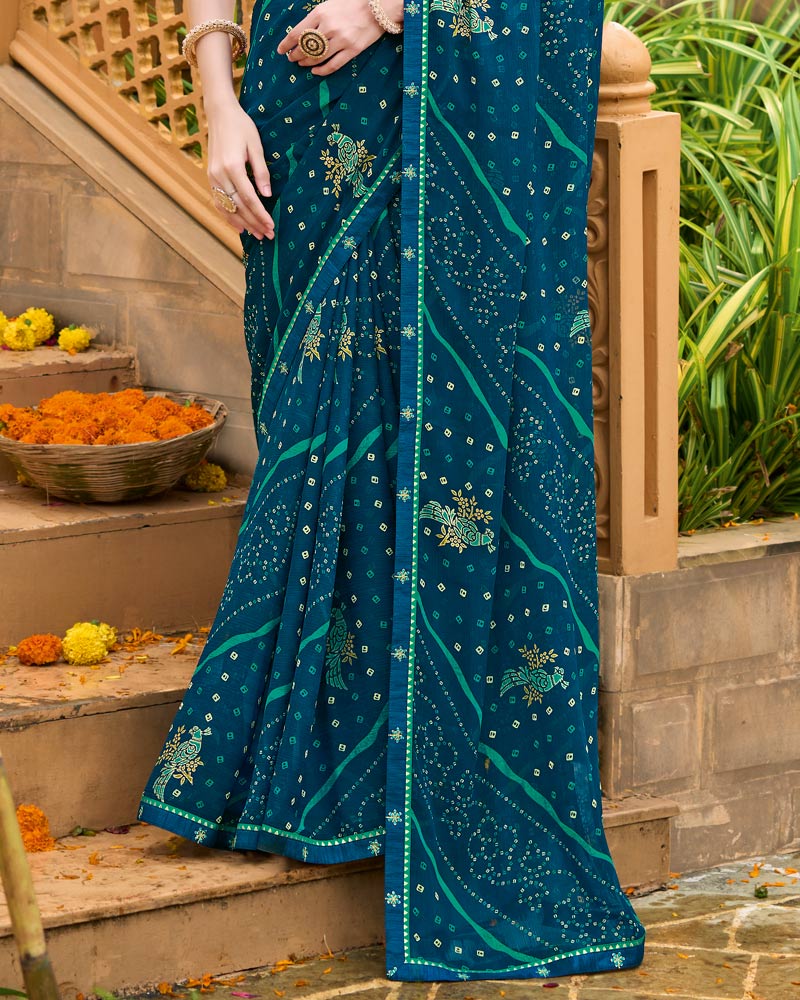Vishal Prints Astronaut Blue Printed Chiffon Bandhani Print Saree With Foil Print And Fancy Border