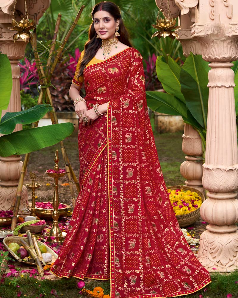 Vishal Prints Dark Brick Red Printed Chiffon Bandhani Print Saree With Foil Print And Fancy Border